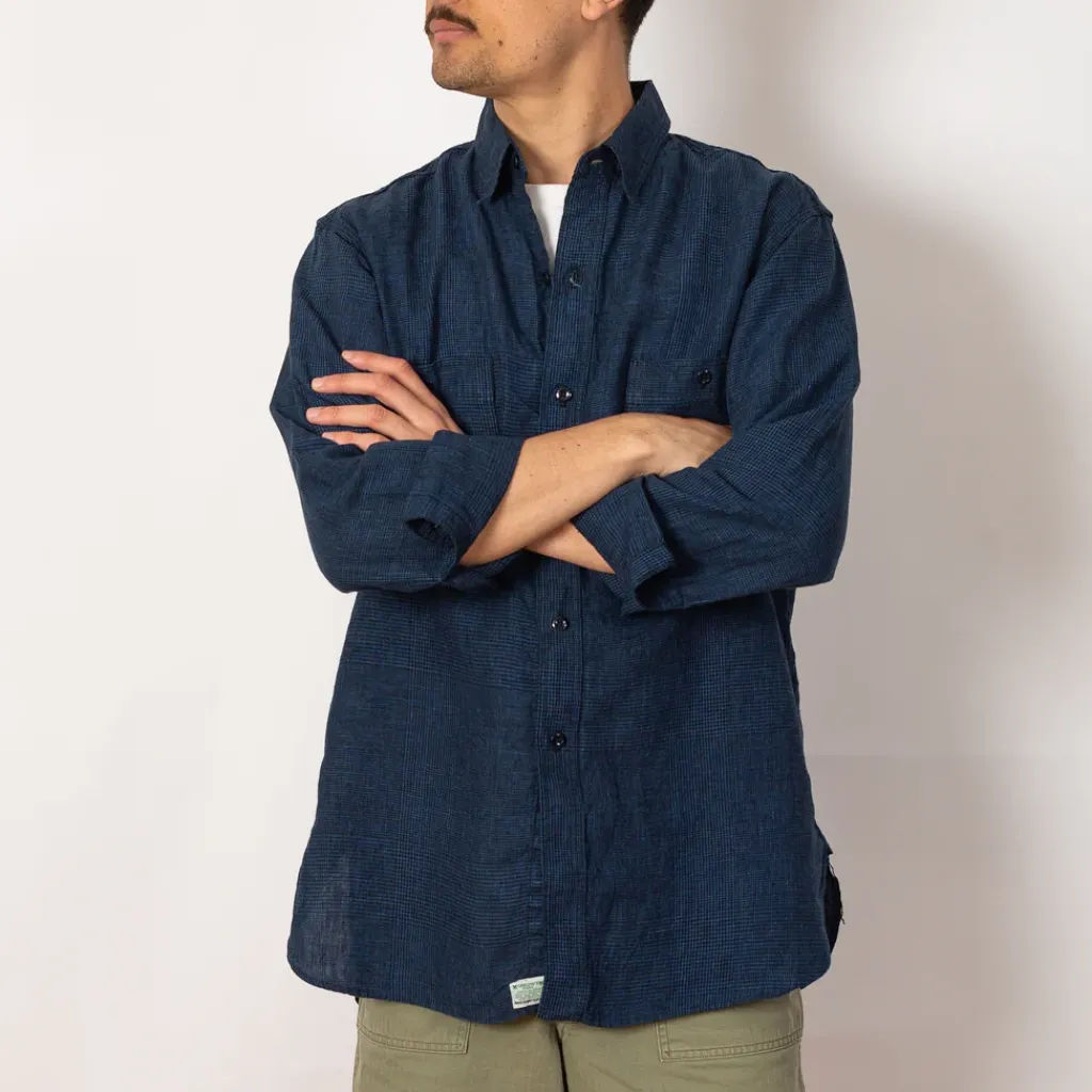 Shirts|OrSlow Linen Work Shirt - Indigo Check