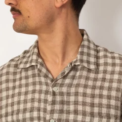 Shirts|Beams Plus Open Collar Plaid Shirt - Brown