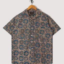 Shirts|Beams Plus Open Collar Shirt - Blue Sun Flower
