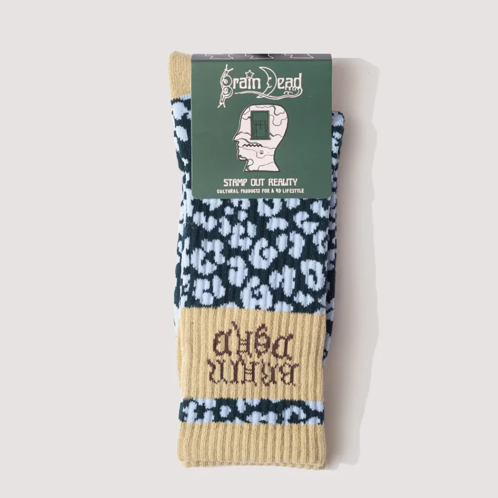 Socks|Brain Dead Panelled Logo Crew Socks - Blue Leopard/Khaki