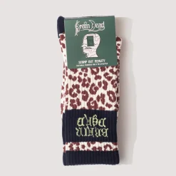 Socks|Brain Dead Panelled Logo Crew Socks - Maroon Leopard/Navy