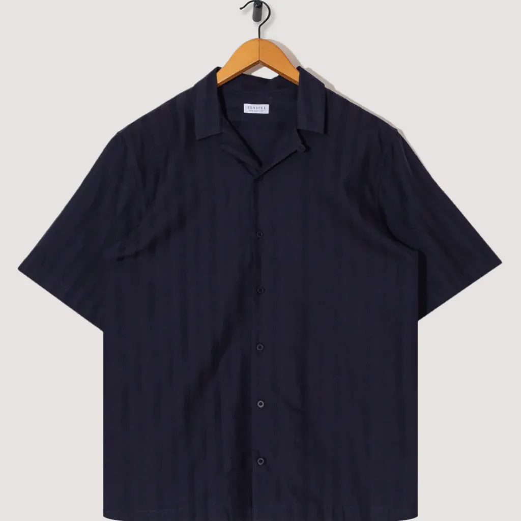 Shirts|Sunspel S/S Embroidered Stripe Shirt - Navy