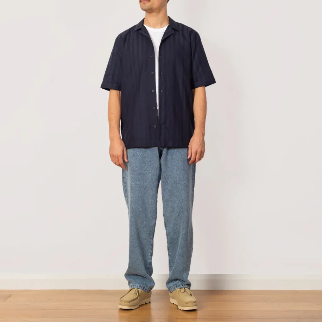 Shirts|Sunspel S/S Embroidered Stripe Shirt - Navy