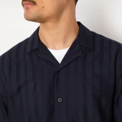 Shirts|Sunspel S/S Embroidered Stripe Shirt - Navy