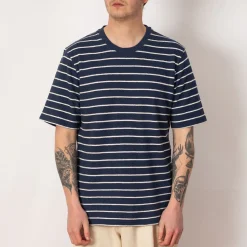 T-Shirts|Folk SS Textured Stripe Tee - Soft Navy/Ecru