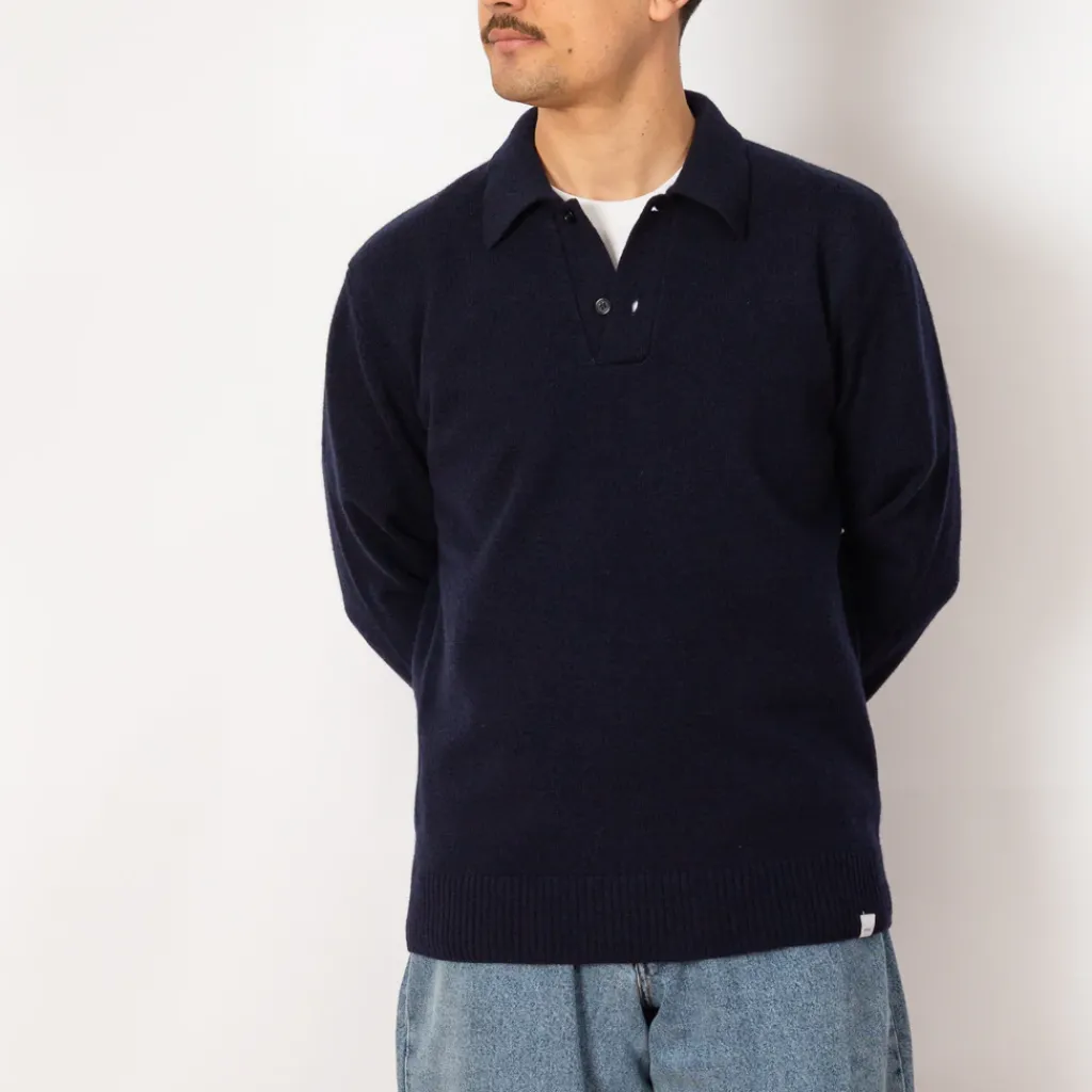 Knitwear|Norse Projects Standard Merino Lambswool Polo - Dark Navy