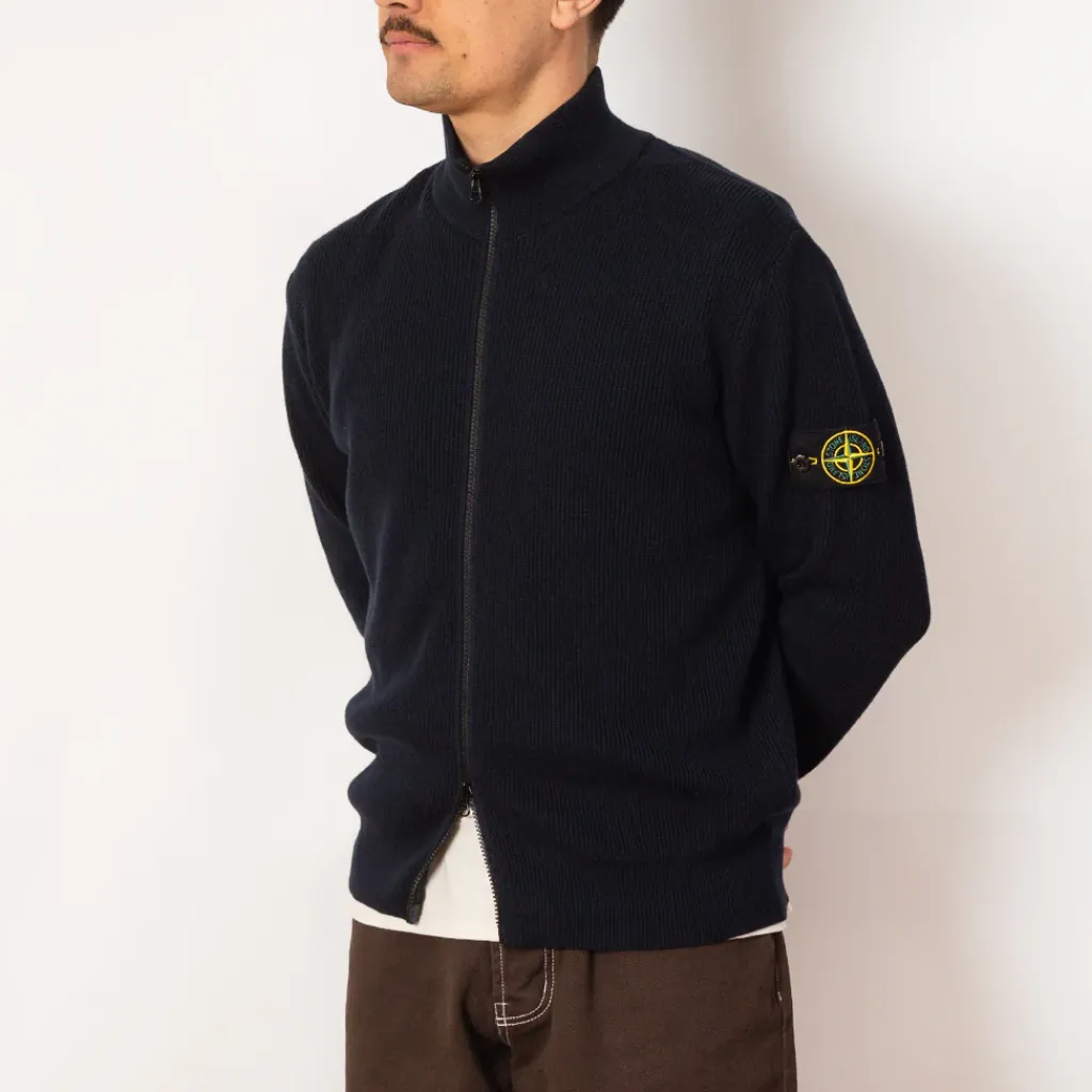 Knitwear|Stone Island Zip Up Ribbed Funnel Knit - Navy Blue (V0020)